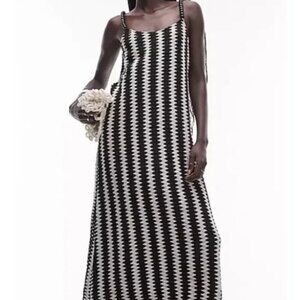 Topshop Midi Dress Sz 6 Black White Crochet Beaded Strap Boho Aztec Southwestern